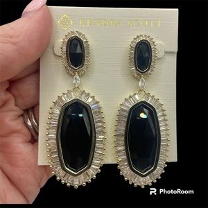 EUC Kendra Scott Luxe Black Crystal Gold Statement Earrings